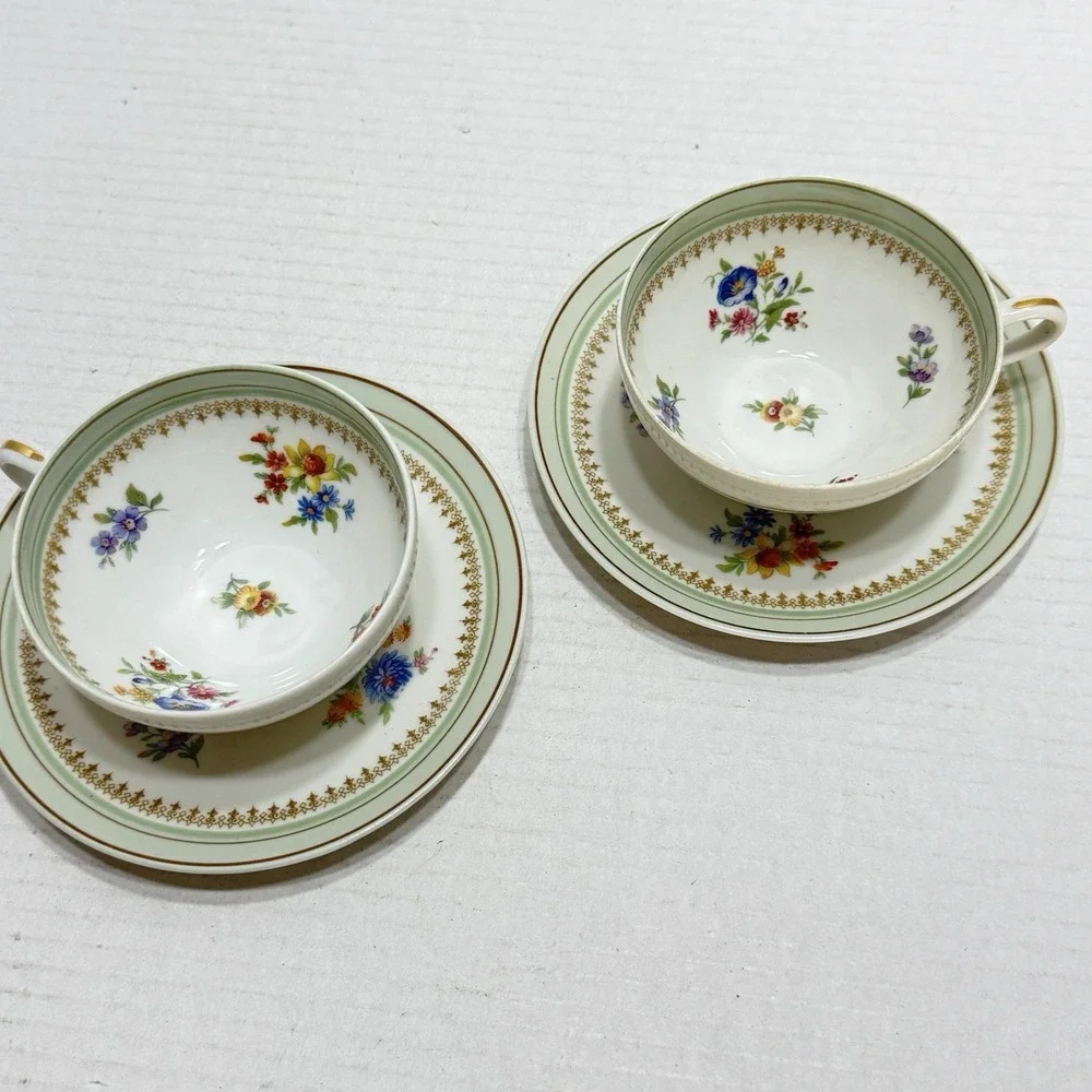 2 Charles Ahrenfeldt Limoges Tea Coffee Cup Saucer FranceFlower Wild Pink Purple
